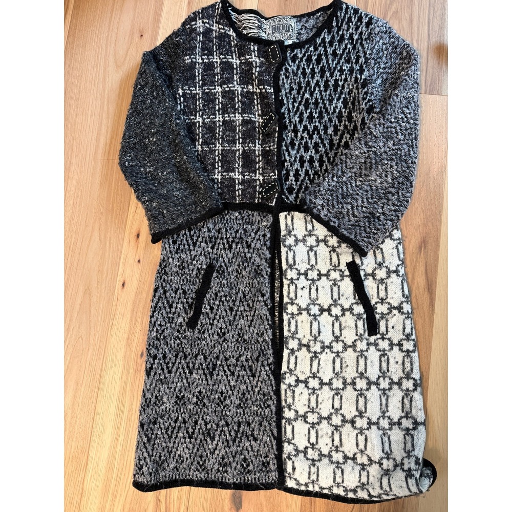 Anthropologie Curio Patchwork Knit Cardigan Sweater Size S Gray Longline Boho
